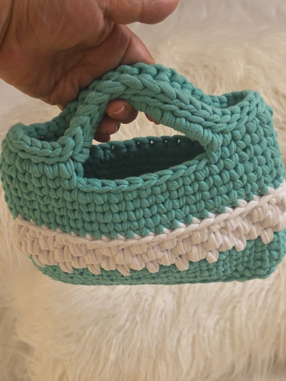 Handwoven Teal and Cream Mini Crochet Bag 11× 8.5  From the Handle to the Bottom - Picture 8 of 11